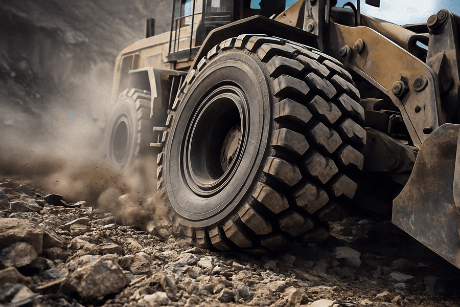 An earthmover making a sharp, side-slipping turn, putting immense stress on the tire's shoulder and sidewall.