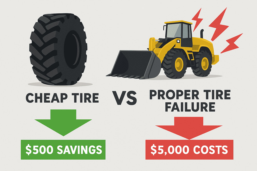 An infographic comparing the small upfront savings on a cheap tire versus the huge downstream costs of failure and downtime.