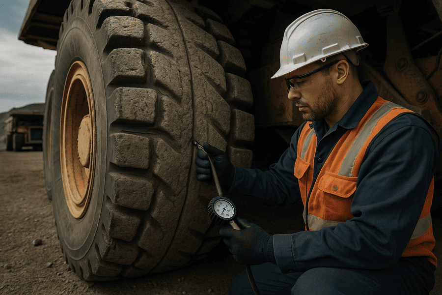 Two tires side-by-side: one standard OTR tire and one with a heavily reinforced 'Rock Pattern' design for mining.