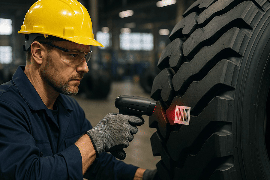 A quality control inspector using a barcode scanner to track a finished OTR tire.