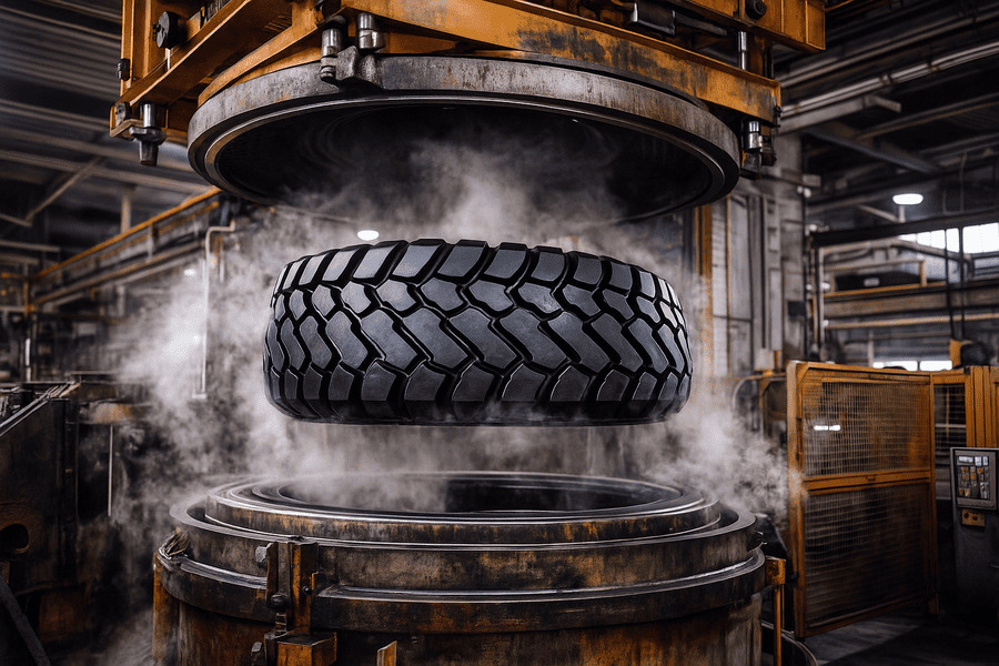 A large O-ring tire being removed from a hot curing press mold.