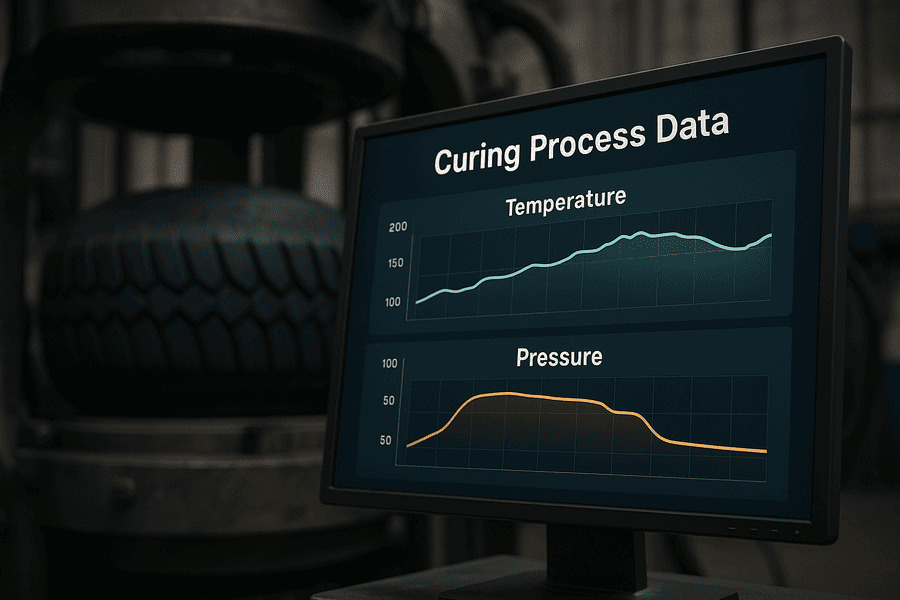 A computer screen showing graphs of temperature and pressure data from a curing press.