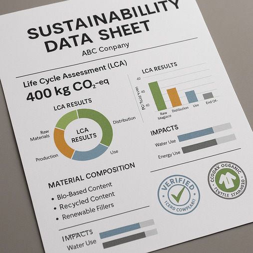 A document titled "Sustainability Data Sheet" with graphs and certified stamps