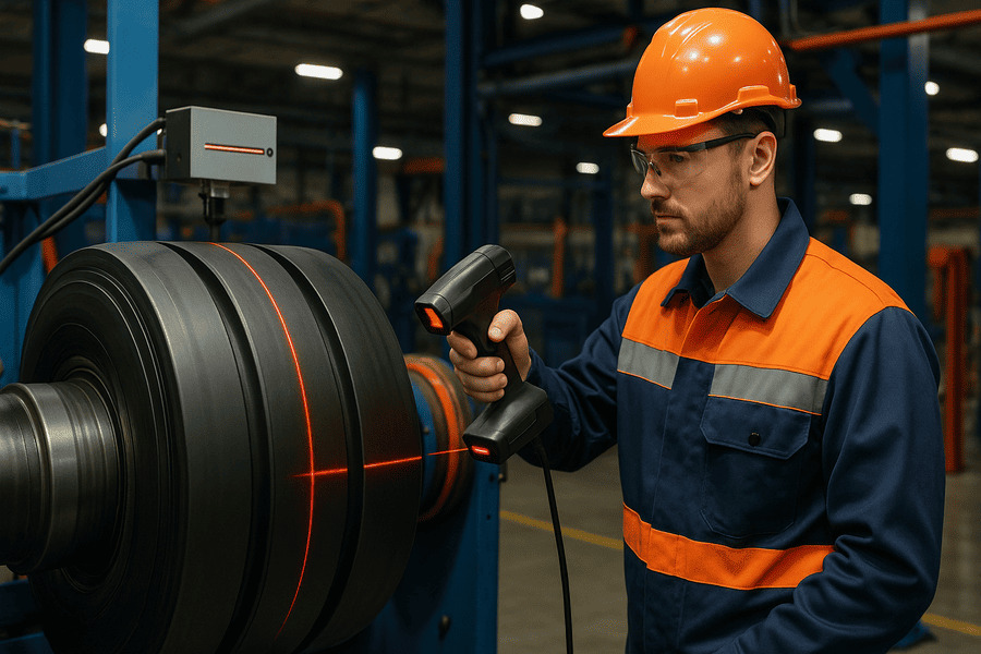 A quality control engineer using a laser scanner on a green tire.