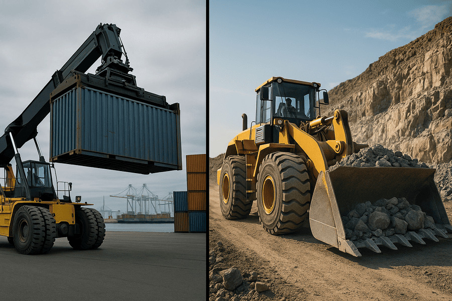 A split-screen image showing a port container handler on the left and a wheel loader in a quarry on the right.