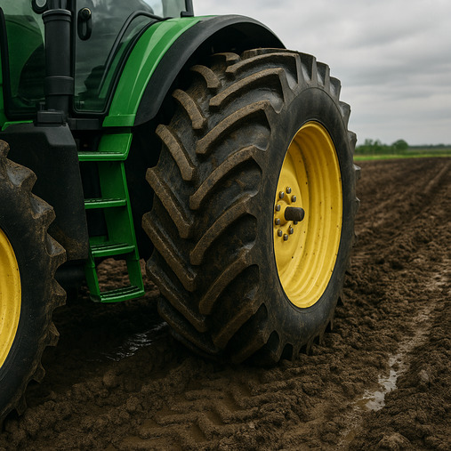 A tractor with tall, skinny R-2 tires completely submerged in a flooded rice paddy