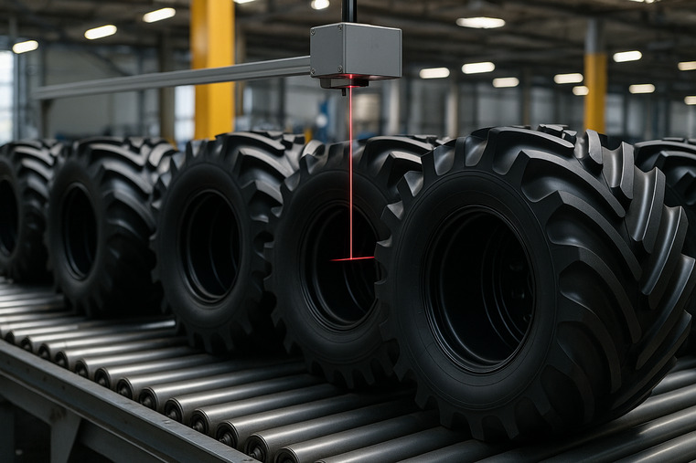 A line of 10 identical tires rolling off a production line, all passing through a laser scanner for quality control