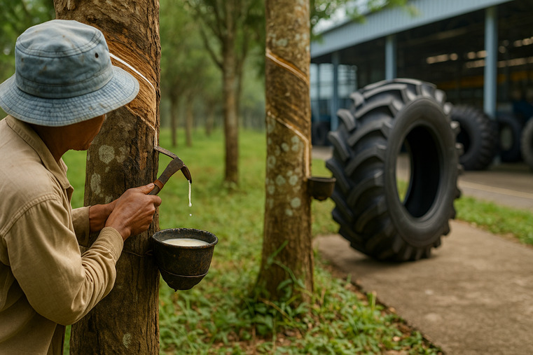 A plantation worker tapping a rubber tree, with a tire factory visible in the background