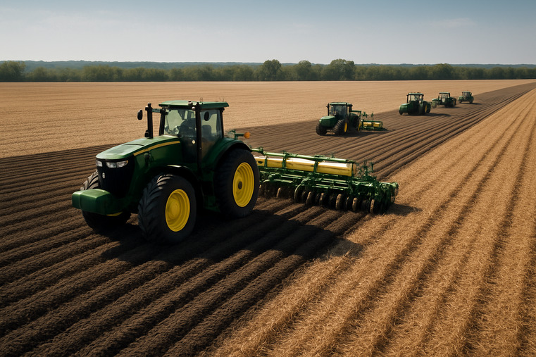 A wide-angle shot of a massive, industrial-scale farm with multiple large tractors working in formation