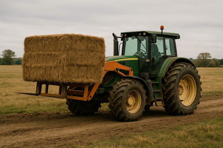 The agricultural machines on the farm carry hay