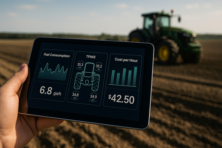 A dashboard on a tablet showing real-time data: fuel consumption, tire pressure (TPMS), and cost-per-hour metrics