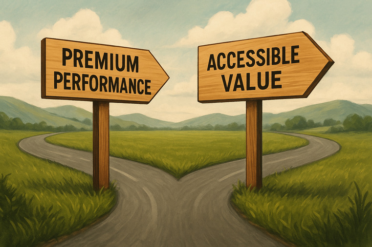 A crossroads showing two paths: one labeled "Premium Performance" and the other "Accessible Value"