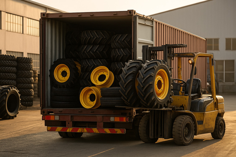 A shipping container being loaded with mixed tires and wheels at a factory