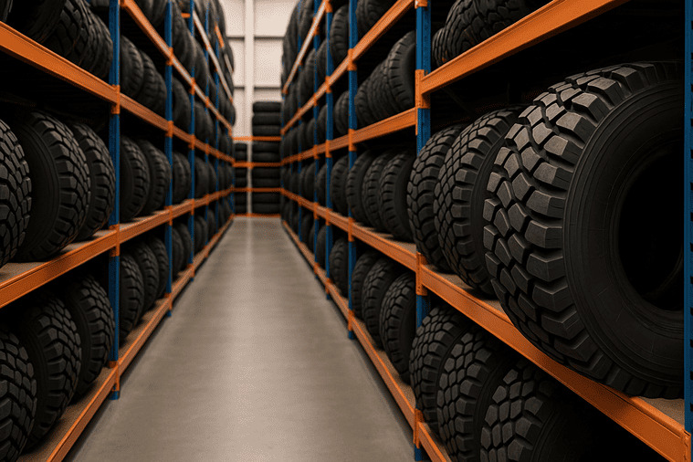 A tire distributor's warehouse showing racks with a diverse inventory of different tire brands and sizes.