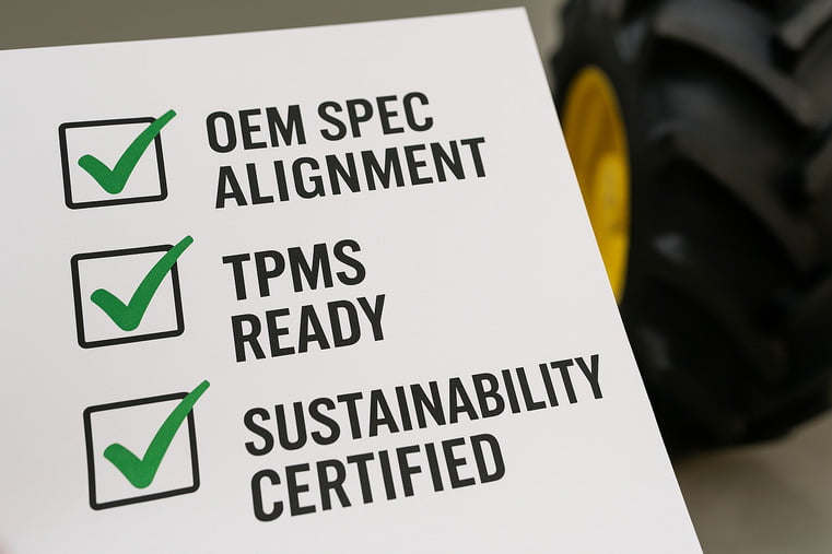 A checklist with items like OEM Spec Alignment, TPMS Ready, and Sustainability Certified all ticked off