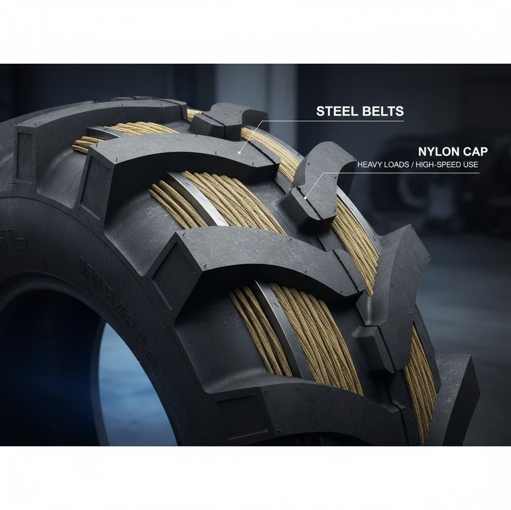 A cross-section view of a steel belt tire with a nylon cap layer