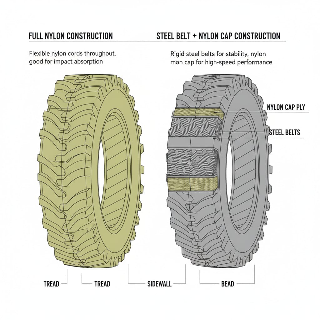 An illustration comparing the layers of a full nylon tire and a steel belted tire