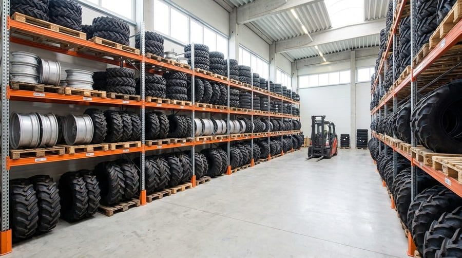 A neatly organized warehouse with a wide variety of agricultural tires and rims on shelves.
