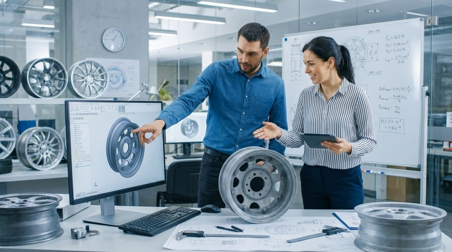 An engineer reviewing a CAD drawing of a custom tractor wheel on a computer screen.