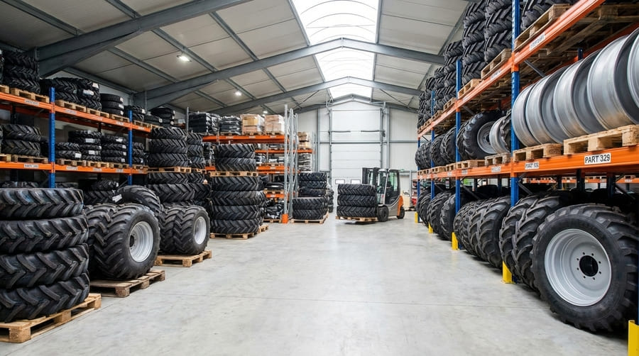 A well-stocked dealer warehouse with a variety of agricultural tires ready for the harvest season.