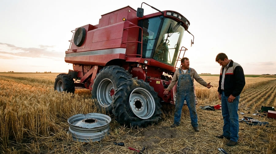 A close-up shot of a severely cracked and rusted agricultural rim, highlighting a clear safety hazard.