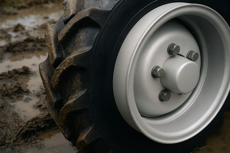 A close-up shot of a rugged, clean agricultural rim designed for paddy fields, highlighting the thick edge and clean weld seam.
