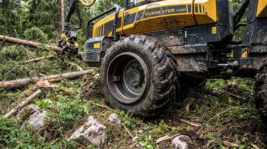A rugged forestry machine operating in a dense, challenging forest environment.