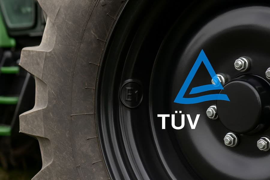 An image showing an agricultural wheel with a clear E-Mark stamp next to a T&Uuml;V certificate logo.