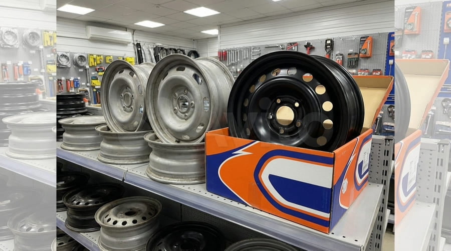 A shelf in a parts store with generic, unbranded wheel rims next to a vibrant, custom-branded box.