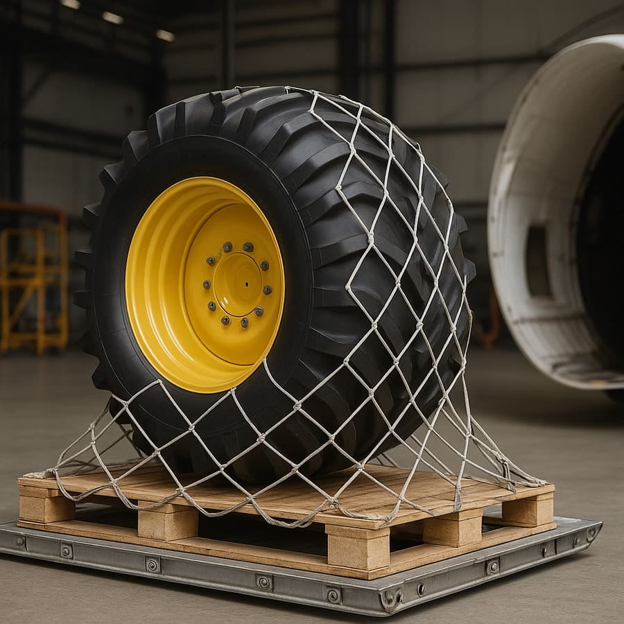 An image showing a complete agricultural flotation tire assembly being loaded onto an air freight pallet.