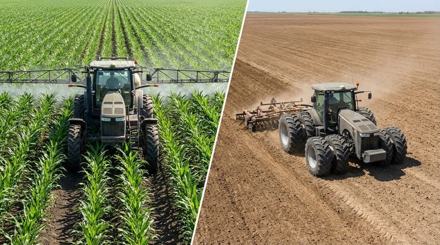 A side-by-side comparison of a tractor with narrow wheels in a cornfield and a tractor with dual wheels tilling a field.