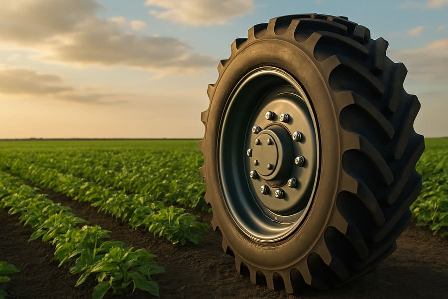 An image contrasting a sturdy, long-lasting agricultural rim with the backdrop of a green, healthy farm field.