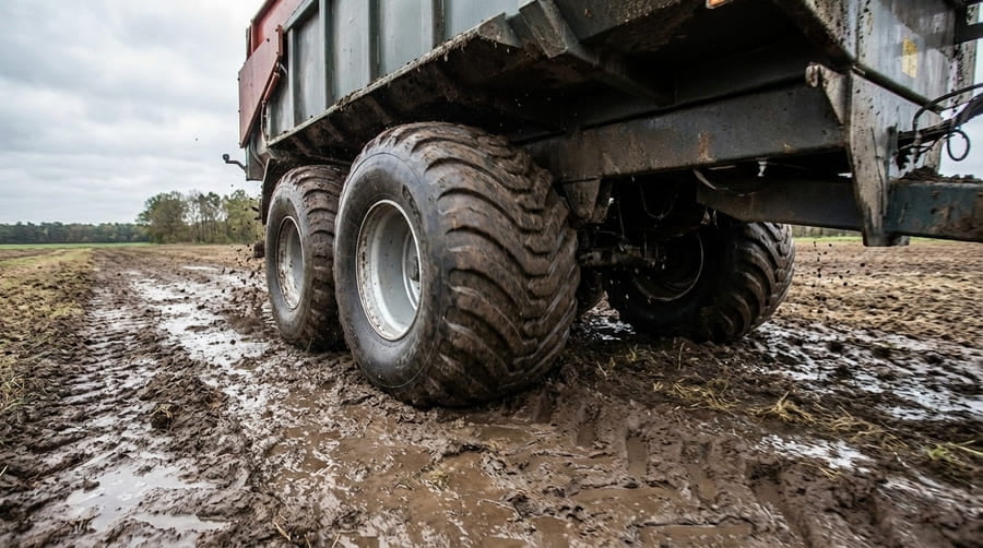 A large agricultural trailer equipped with flotation tires operating smoothly in a wet field.