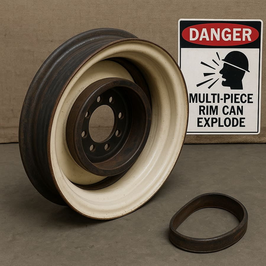A stark warning sign next to a multi-piece agricultural rim assembly, highlighting the danger.