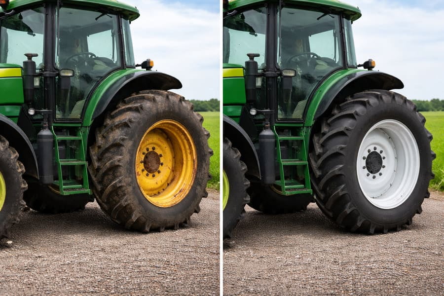 A side-by-side comparison showing a tractor with an old, rusty agricultural rim and the same tractor with a shiny, new agricultural rim.