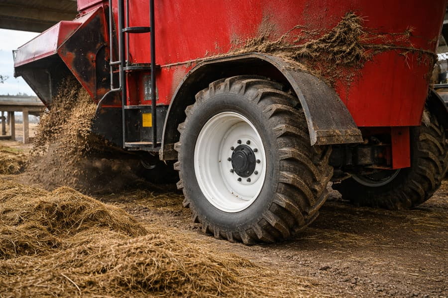 A TMR mixer operating in a demanding farm environment, with a focus on its wheels.