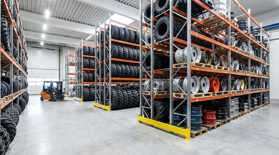 A neatly organized warehouse showcasing a diverse mix of agricultural tires and wheels.