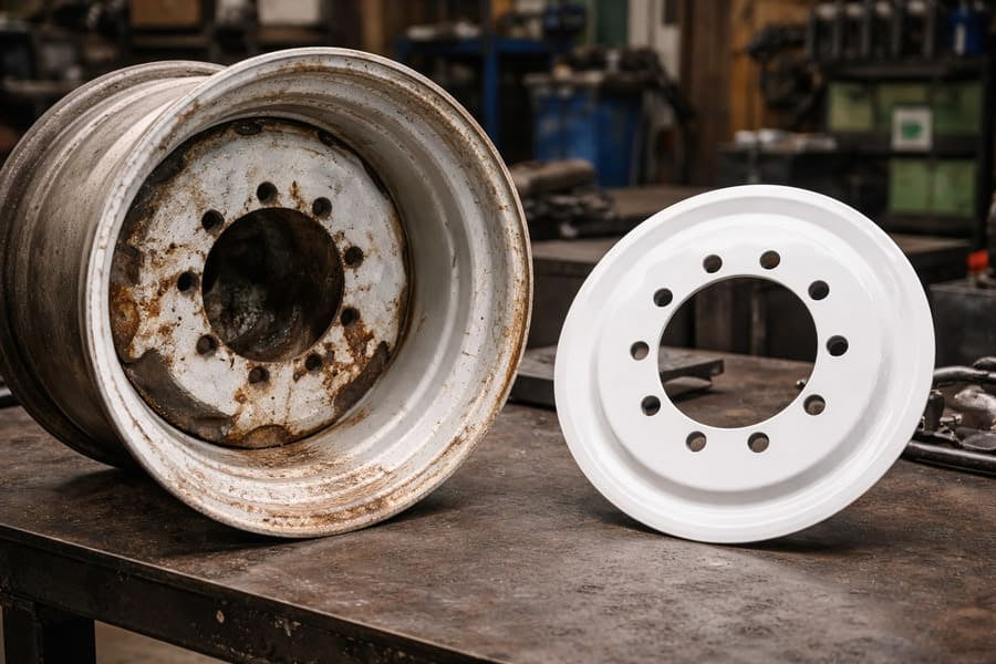 A photo showing a new, separate center disc next to an old agricultural rim with a cracked center.