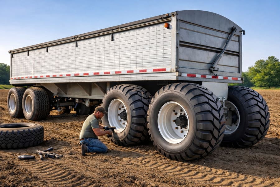 A standard trailer being retrofitted with wide agricultural flotation tires in a field.