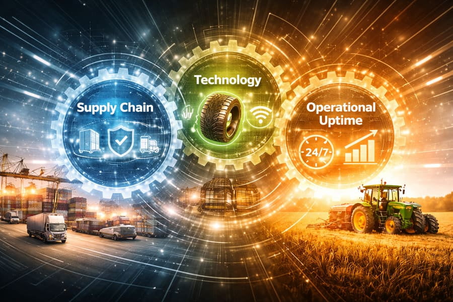 A futuristic infographic showing interconnected gears labeled "Supply Chain," "Technology," and "Operational Uptime."