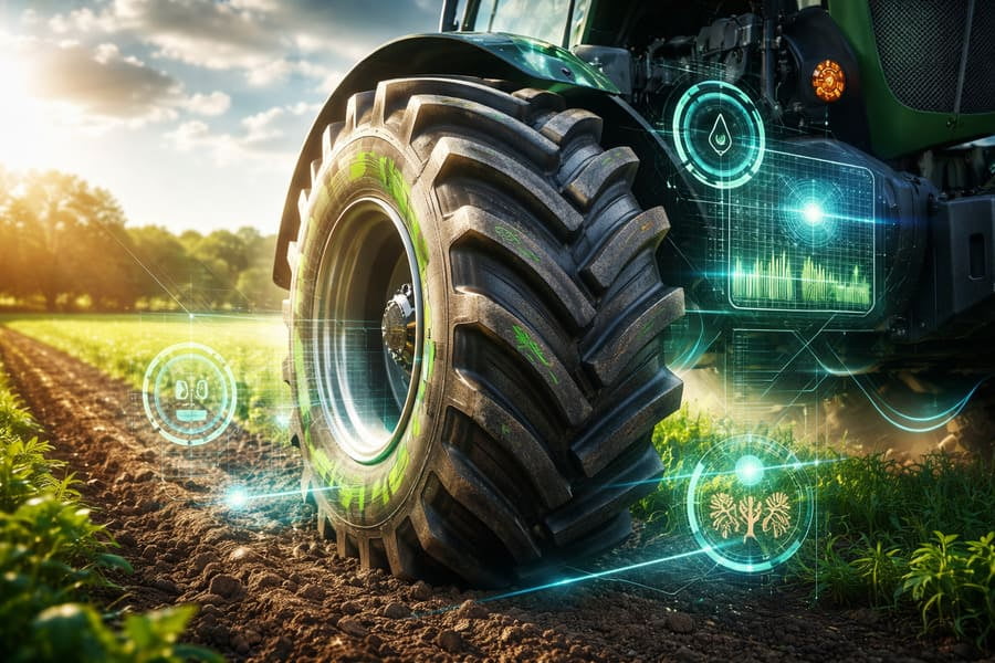 An advanced agricultural tire with digital overlays showing data points and sustainable materials.