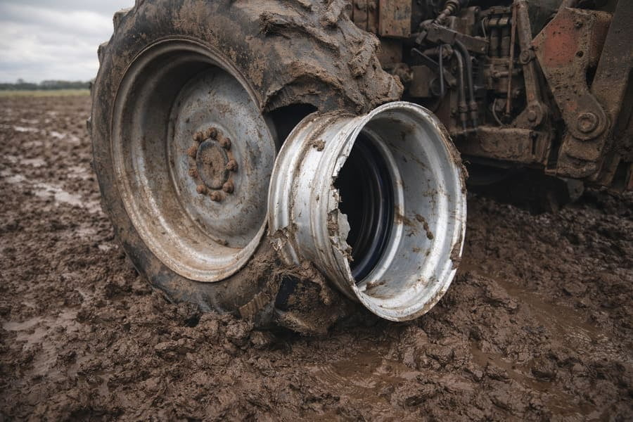 A failed agricultural wheel on a tractor in a muddy field