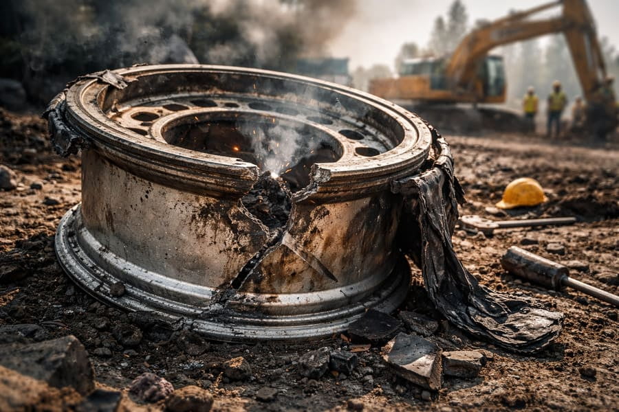 A close-up of a certified OTR wheel rim with a quality check sticker