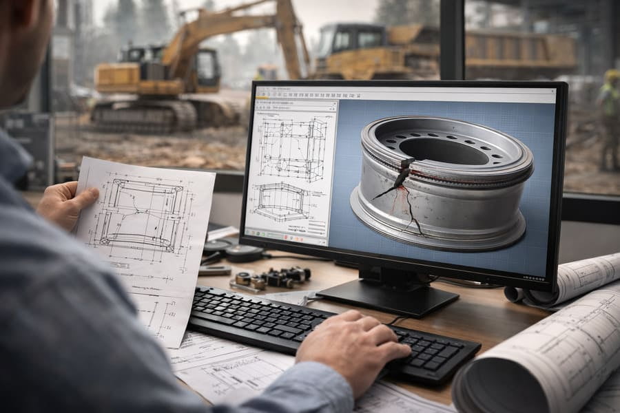 An OTR wheel being designed on a computer screen in an engineering office