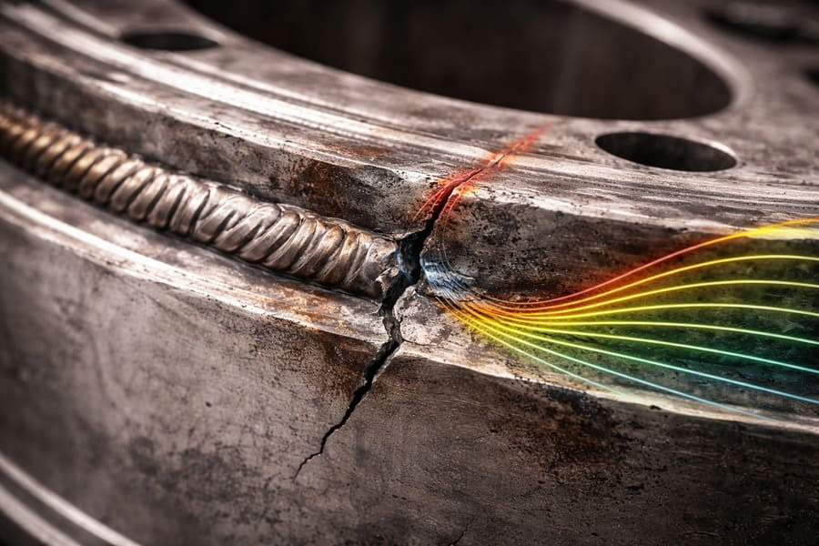 A close-up diagram showing stress concentration next to an OTR wheel weld
