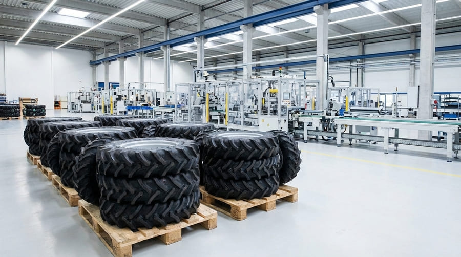A clean factory floor with stacks of perfectly mounted agricultural wheel assemblies ready for the production line.