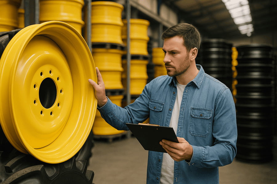 A purchasing manager inspecting an agricultural wheel in a warehouse.