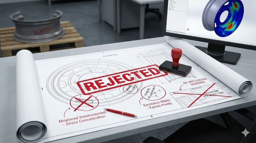 A red "REJECTED" stamp over a technical blueprint of an OTR rim