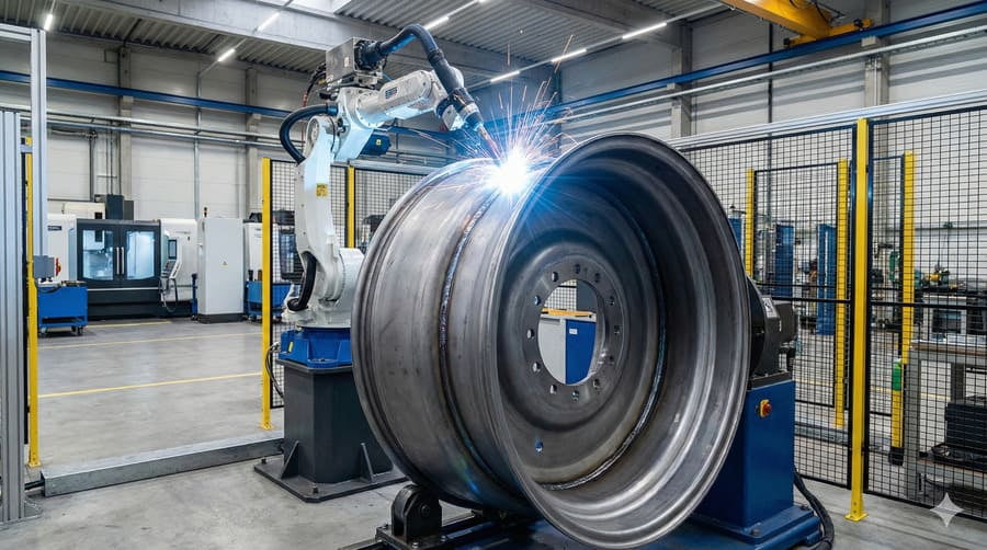 A robotic welding arm creating a perfect seam on an OTR wheel
