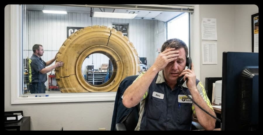 A dealer on the phone looking stressed, with a failed OTR rim in the background